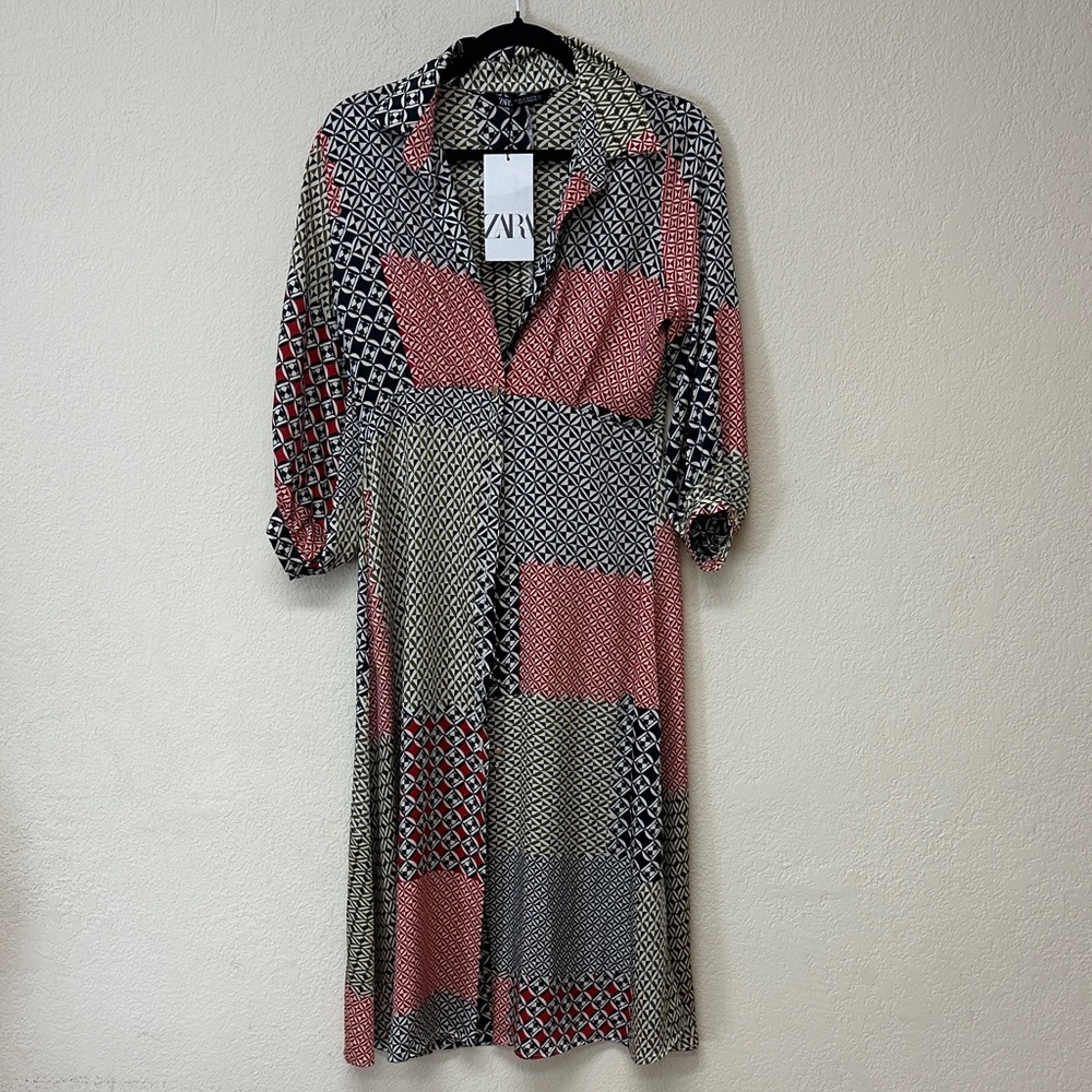 Zara NWT womans Patchwork button down midi dress … - image 1
